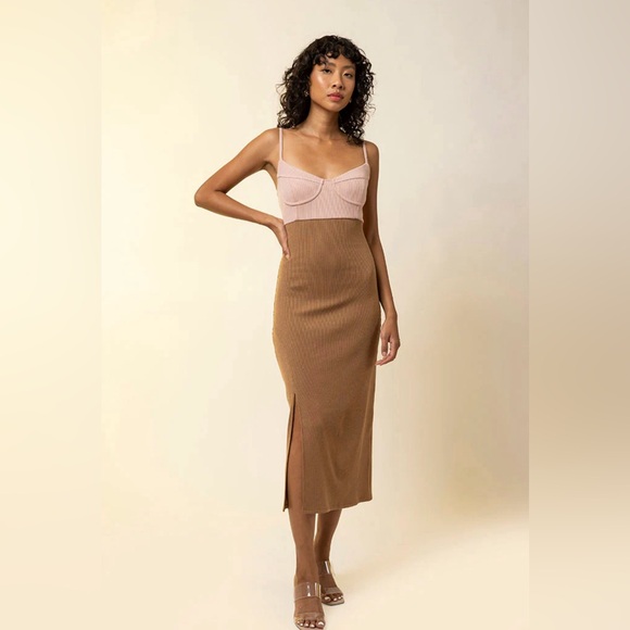 Line & Dot Dresses & Skirts - Line & Dot Maggie Dress Midi Corset Bodycon Sz Large Pink Brown Blush Combo NWT